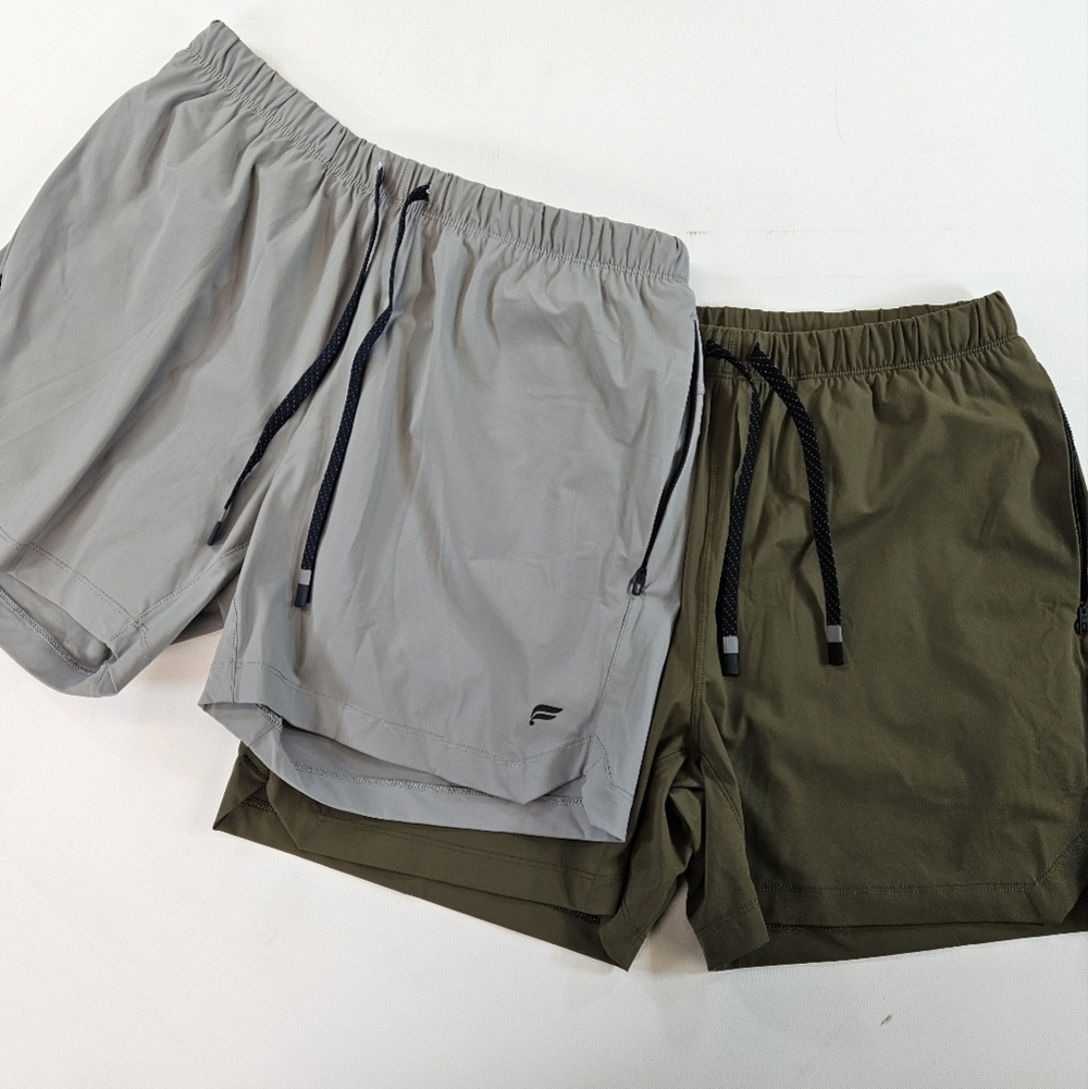 2 Pairs Of FABLETICS Mens Green Gray Unlined Shorts Stretch Gym Run Training